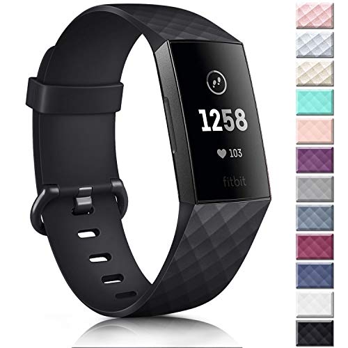 Vancle Silicone Bands Compatible with Fitbit Charge 3 Bands for Women Men, Rose Gold Silver Sport Wristbands for Fitbit Charge 3/Fitbit Charge 3 SE (Black, Large)