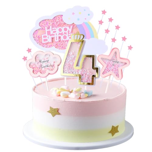 Kawailay Girl 4th Birthday Cake Decoration Set 4th Birthday Cake Topper with Rainbow Clouds Stars Cake Picks 4 Years Old Cake Topper for Girls Birthday Party Supplies - Pink
