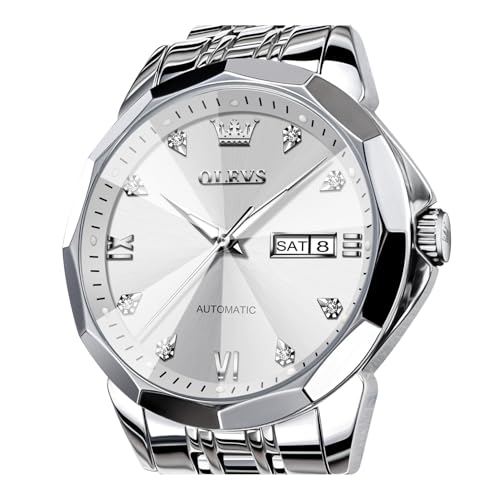 Image of OLEVS Watch for Men Automatic Classic Mechanical Watch Diamond Mirror Stainless Steel Dress Casual Waterproof Day /Date Calendar