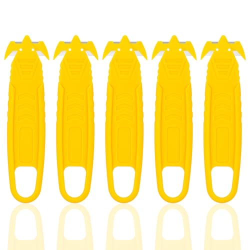 Pack of 5 Box Cutter, Yellow Box Cutter, Cardboard Cutter, Disposable Safety Cutter, Strapping Cutter, Safety Cutter Tool, Box Cutter Box Opener (No Exposed Blade)