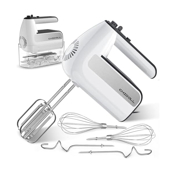 5-Speed Electric Hand Mixer, 800W Handheld Mixer with Turbo for Baking & Cooking, Kitchen Food Mixer with Storage Case & 5 Stainless Steel Attachments (2 Beaters, 2 Dough Hooks, 2 Whisks)-White