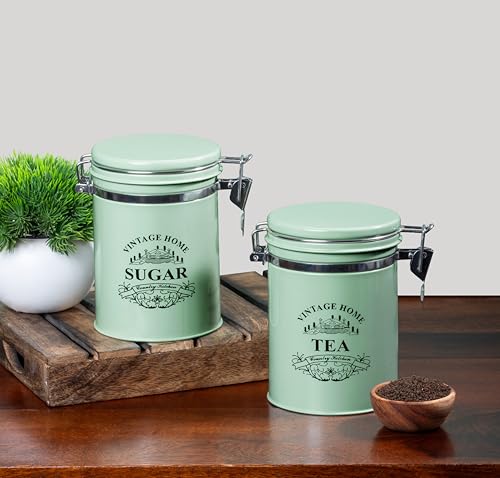 Image of Metallure Home Clip-Lock Round Classic Tea Sugar Container Set of 2 | Metal Container for Kitchen Storage | Airtight Jar Set | Food-Safe Tea Jars for Kitchen (Light Green)