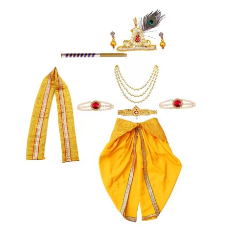 Image of Krishna Dress for Baby Boy Kids(Dhoti,Patka,Mukut,Morpankh,Bansuri,Kamarband,Bajuband,Kundal) Little Krishna Ji Kanha Janmasthmi Costume