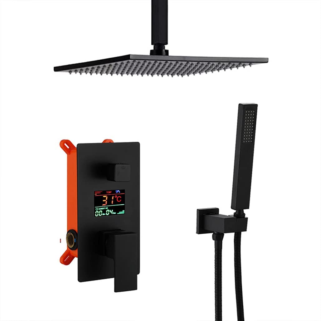 Ensemble de douche en laiton noir ciel de pluie encastré LED carré