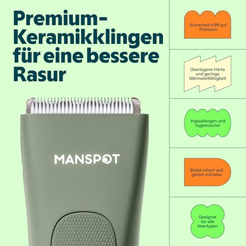 MANSPOT Intimrasierer Mann, Körperhaartrimmer für Herren, Professioneller Body Trimmer Wasserdicht mit 4 Scherkämmen – Für Trimmen von Brust, Beinen, Achseln & Intimbereich – Nass & Trocken