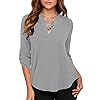roswear-Womens-Casual-V-Neck-Cuffed-Sleeves-Solid-Chiffon-Blouse-Top roswear Women's Chiffon V-Neck Business Casual Blouse Work Tops with Cuffed Sleeves Grey X-Large