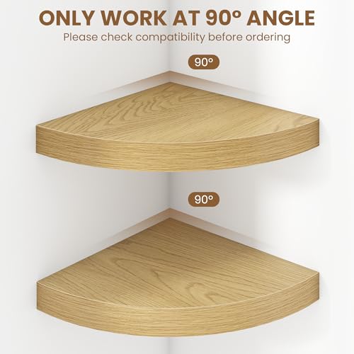 Image of Fun Memories Floating Corner Shelves Set of 2 - Rustic Wood Wall Mounted Storage and Display Shelves for Living Room, Bedroom, Kitchen, Bathroom - Space Saving Home Decor, Oak