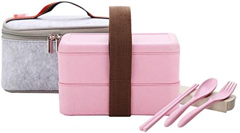 ArderLive Japanese Bento Box, Stackable Wheat Straw Portable Leakproof Lunch Box with Lunch Bag, Eco-Friendly Food Storage Container (Pink)