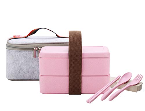 ArderLive Japanese Bento Box, Stackable Wheat Straw Portable Leakproof Lunch Box with Lunch Bag, Eco-Friendly Food Storage Container (Pink)