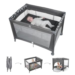 Babilous Pack and Play, Baby Bassinet with Wheels, Foldable Baby Playard for Travel, Easy Carry Bedside Bassinet, Mini Pack n Play with Comfortable Mattress & Compact Space Saving Design, Grey