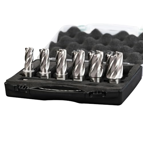 Image of XINCHENG PRECISION HSS Annular Cutter Set 6pcs Annular Bits 3/4 Inch Weldon Shank 1 Inch Cutting Depth 9/16” to 1-1/16 Cutting Diameter M2AL HSS Kit for Magnetic Drill Press with 2 pcs Pilot Pins