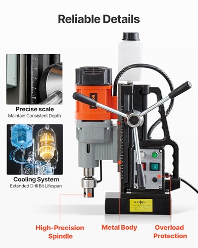 Image of VEVOR Magnetic Drill Press, 1550 W, 2.4 in Boring Diameter, 2922 lbf Power Mag Drill Press, 0-600 RPM Adjustable Speed, Morse Taper, M3-M16 Tapping, for Metal Surface, Industrial and Home Improvement | for Metal Surface Home Improvement Industry, 2922 lbf Magnetic Force, M3-M16 Tapping, Overload Protection & Cooling System