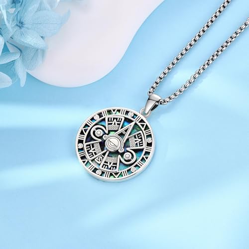 YAFEINI Aztec Mayan Calendar Necklace 925 Sterling Silver Abalone Shell/Turquoise/Obsidian Aztec Pendant Amulet Jewelry for Women Men3
