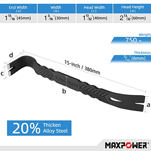 Maxpower 2Pcs Pry Bar Set, Heavy Duty Flat Pry Bar 15-Inch And Claw Nail Puller 12-Inch, Strikable Head And Full Body Drop Forged Crowbar Tools #TOP2