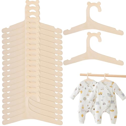 20 Pcs Baby Wooden Hangers, Kids Toddler Children Non-Slip Wooden Hangers, Cute Bear Ear Shaped Hook Hangers, Creative Space Saving Wooden Hangers for Clothes Pants Dresses