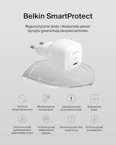 Belkin BoostCharge kompaktowa ładowarka sieciowa 30 W, podróżna, szybkie ładowanie USB-C z Power Delivery dla urządzeń Apple iPhone serii 15, 14, 13, Samsung Galaxy S24, S23, iPad, AirPods – biała