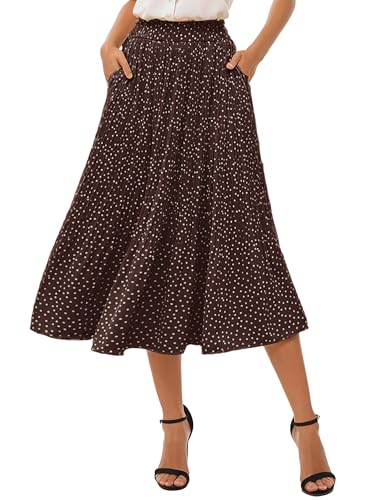 Oyamiki Womens Elegant Pleated Polka Dot Skirts Trendy Casual Vintage High Waist A Line Skirt with Pockets Midi Length Coffee M
