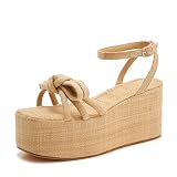 AITTA Women's Raffia Platform Wedge Sandals with Bow Knot, Ankle Strap, Open Toe Summer Vacation Shoes Size 9