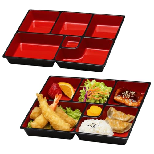 JapanBargain, Lunch Bento Box Japanese Traditional Plastic Lacquered 6 Compartments Bento Plate for Restaurant or Home, Red and Black Color, 11.75