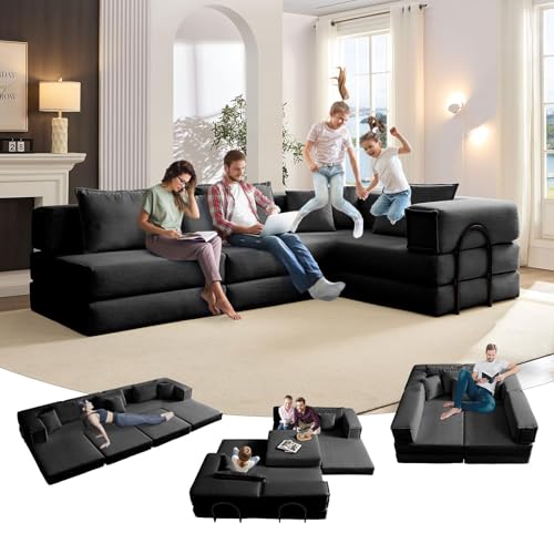 6-in-1 L-Shaped Sleeper Sofa Bed, Corduroy, Black