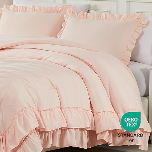 Image of Cupocupa Blush Pink Comforter Set Queen, 3Pcs Comforters Queen Size Ruffle Farmhouse Bedding Sets Queen with Comforter, Lightweight Soft Shabby Chic Bedding Comforter Set Fluffy for All Season
