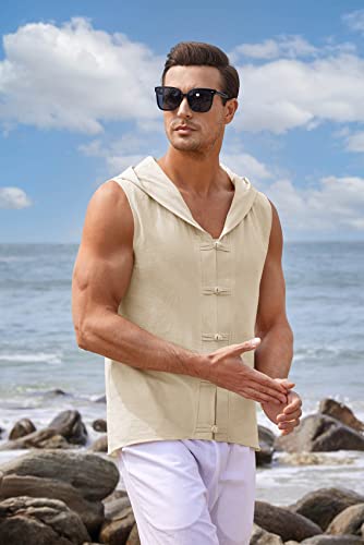 Gafeng Men's Linen Sleeveless Hoodies Summer Beach Casual Hippie Workout Muscle Frog Button Shirt Tank Tops Beige #TOP2