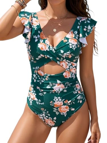 Image of B2prity One Piece Swimsuits for Women Ruffle Sleeve V Neck Bathing Suit Tummy Control Cutout Monokini Slimming Swimwear