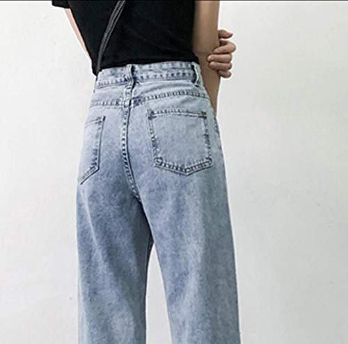 Calça jeans jeans feminina ViTryst-Fashion com pernas largas rasgadas e cintura alta azul claro GG