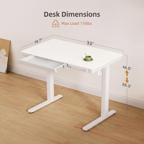 Image of INNOVAR 32 inch Small Glass Standing Desk with Drawers & USB Ports, Whole-Piece Glass Top Adjustable Height Desks, Quick-Install Electric Sit-Stand Up Desk for Home Office & Computer Workstation, White