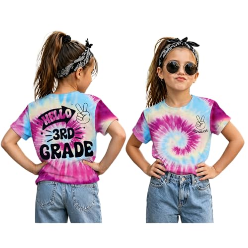 BOUTIKOME Toddler Tie Dye Boy Back to School Shirt Hello Firtst Second Third Fourth Grade T-Shirt Kid First Day of School Tee(Purple,9 Years(3rd Grade))