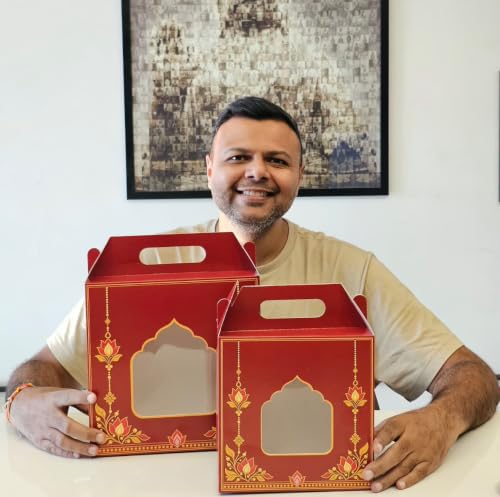 Image of SATYAM KRAFT 6 Pcs Red & Golden Gift Hamper Box with Window & Handle,Decorative Gift Packaging Box for Wedding, Festive Gifting, Sweets, Dry Fruits, Return Gifts & Celebrations (Small)