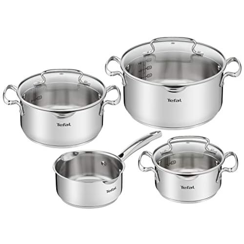 Tefal Duetto Lot de 7 pièces : 3 casseroles 16/20/24 cm, 1 casserole 16 cm, 3 couvercles en acier inoxydable, 3 couvercles en verre, marques de mesure, toutes sortes de cuisines, passe au four et au