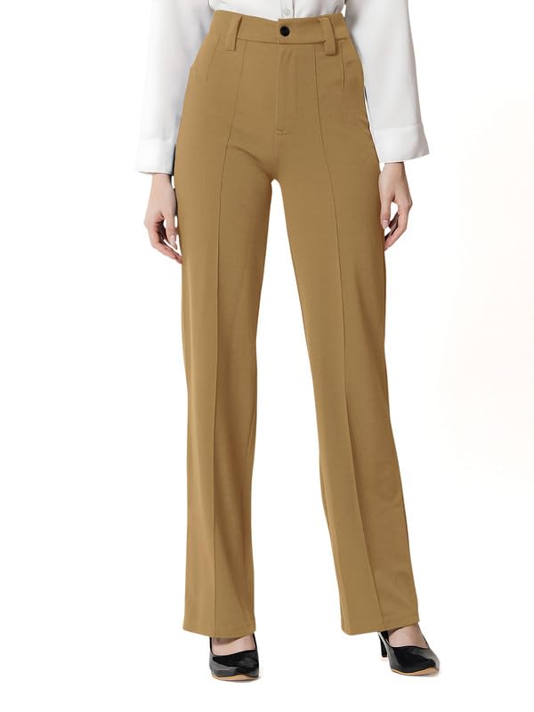 Highlander Womenâ€™s High Waist Straight Fit Korean Style Formal Trousers Pant Parallel Leg for Casual Office Work Wear (Mahir 1) in neutral