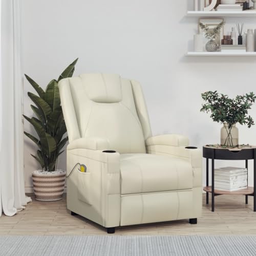 Kaloriko Sillón de masaje de piel sintética blanco crema con función reclinable manual y masaje vibratorio de 6 puntos, ajustable, acolchado ergonómico, ideal para salón, oficina y relajación
