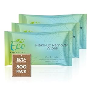 EcoAmenities Individual Makeup Remover Wipes Bulk – Travel Make Up Face Wipes Individually Wrapped for Women – 500 Pack Singles for Face, Eyes, Lips – Gentle & Suitable for all Skin Types