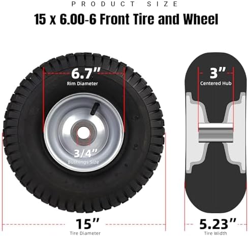 AR-PRO (2-Pack) 15 x 6.00-6 Front Tire and Wheel Assembly for Riding Mower Lawn Tractor, 3" Centered Hub, 3/4" Sintered Iron Bushings, 4Ply Pneumatic with Turf Tread - 1
