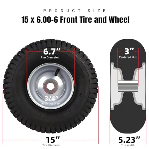 AR-PRO Replacement 15 x 6.00-6 Front Tire and Wheel Assemblies for Riding Mowers Lawn Tractors - 3" Centered Hub and 3/4" Bushings, 4Ply Pneumatic (2-Pack)