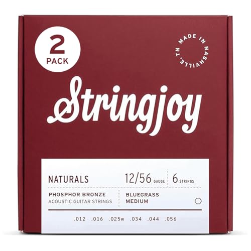Stringjoy Bluegrass Medium Gauge Naturals Phosphor Bronze Acoustic Guitar Strings 12-56, NB1256, Long-Lasting Clear & Shimmering Tone, 6 String Set, 2-Pack