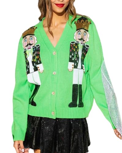 KMBANGI Women Cute Christmas Cardigan Button Down Sequin Nutcracker Ugly Sweater Xmas Open Front Knitted Pullover Top