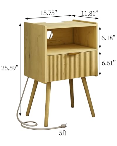Image of JOONEE Nightstand with Outlet,Modern Bedside Table with Storage Drawer and Open Wood Shelf, for Living Room, Bedroom and Small Spaces, Accent Night Stand with Solid Wood Legs, Easy Assembly,Yellow Oak