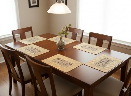 Image of Brocade Silk Placemats for Dinning Table 12 x 18 Inches Hand Embroidered, Set of 6 Decorative Placemats for Home (Beige Gold)