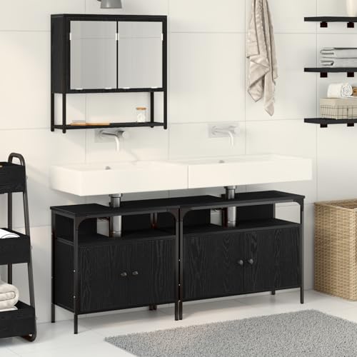 Qnhdfrt Badezimmerschrank Set 120 cm Schwarz Eiche Matt mit Waschbecken und Spiegelregal Schmaler Badschrank für Ordnung 3-TLG Badmöbel