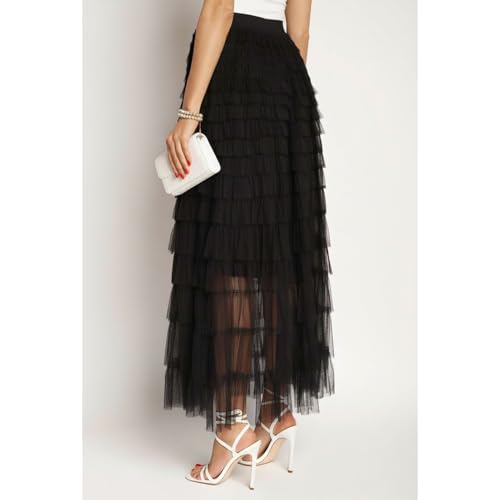 Women's Layered Long Maxi Tulle Skirts, High Waisted A Line Ruffle Tiered Layered Mesh Tutu Petticoat Tulle Skirt4