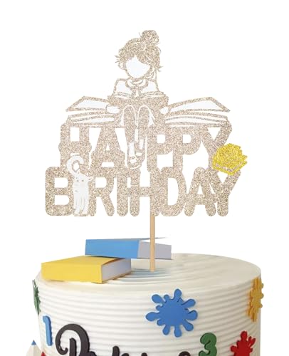 Girls Reading Happy Birthday Cake Toppers Book Club Birthday Party Decorations Book Lovers Cake Decors for Students Girls Rose Gold Glitter