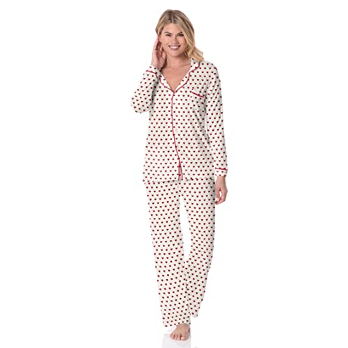 KICKEE Women’s Collared Pajama Set with Shorts and Pants, Natural Hearts Print, Stretchy & Soft Sleepwear