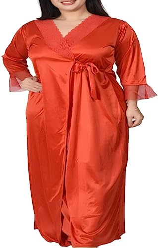 Image of Women's Satin Solid Maxi Nighty Full Sleeve 1 Nighty, 1 Wrap Gown Night Dress Ladies