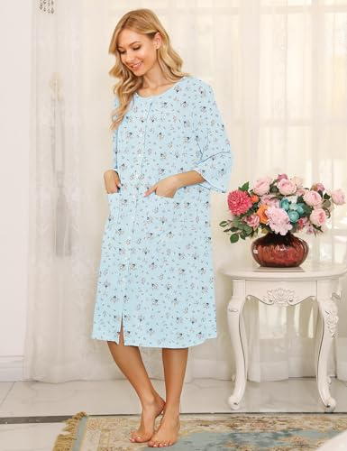 Image of Bloggerlove House Dress Women Cotton Snap Front Nightgown 3 /4 Sleeve Housecoat Duster Robe with Pockets Moomoo Patio Dress