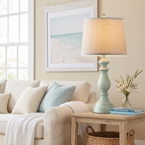Image of PARTPHONER Traditional Table Lamp Set of 2, Rustic Farmhouse Table Lamps for Living Room Bedroom, 27 inch Bedside Desk Lamps Vintage Nightstand Lamps with Linen Shades, Light Green