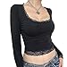 Women Y2k Vintage Long Sleeve Shirt Top Slim Fit Lace Trim T-Shirt Harajuku Fairy Aesthetic Tee Tops Streetwear(A,Small)
