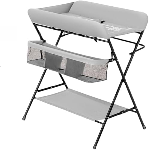 Barkolau おむつ交換台 折りたたみ オムツ キャスター付き収納棚 キャスター付き おむつ取替テーブル 収納付 ママの腰痛対策 新生児 安全ベルト ポータブル収納 移動 持ち運び 簡単 PVC防水 防汚 新生児 出産祝い ギフト (グレー) (グレー